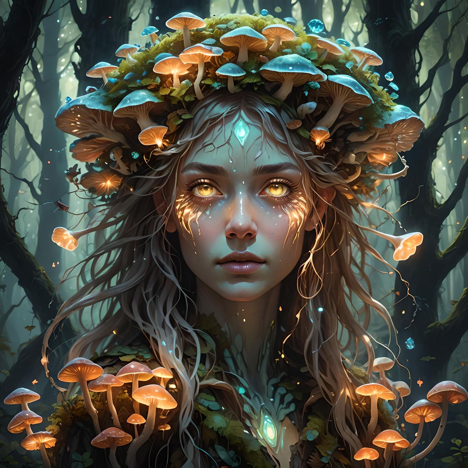 Glowing Fungi Woman Portrait in Magical Forest