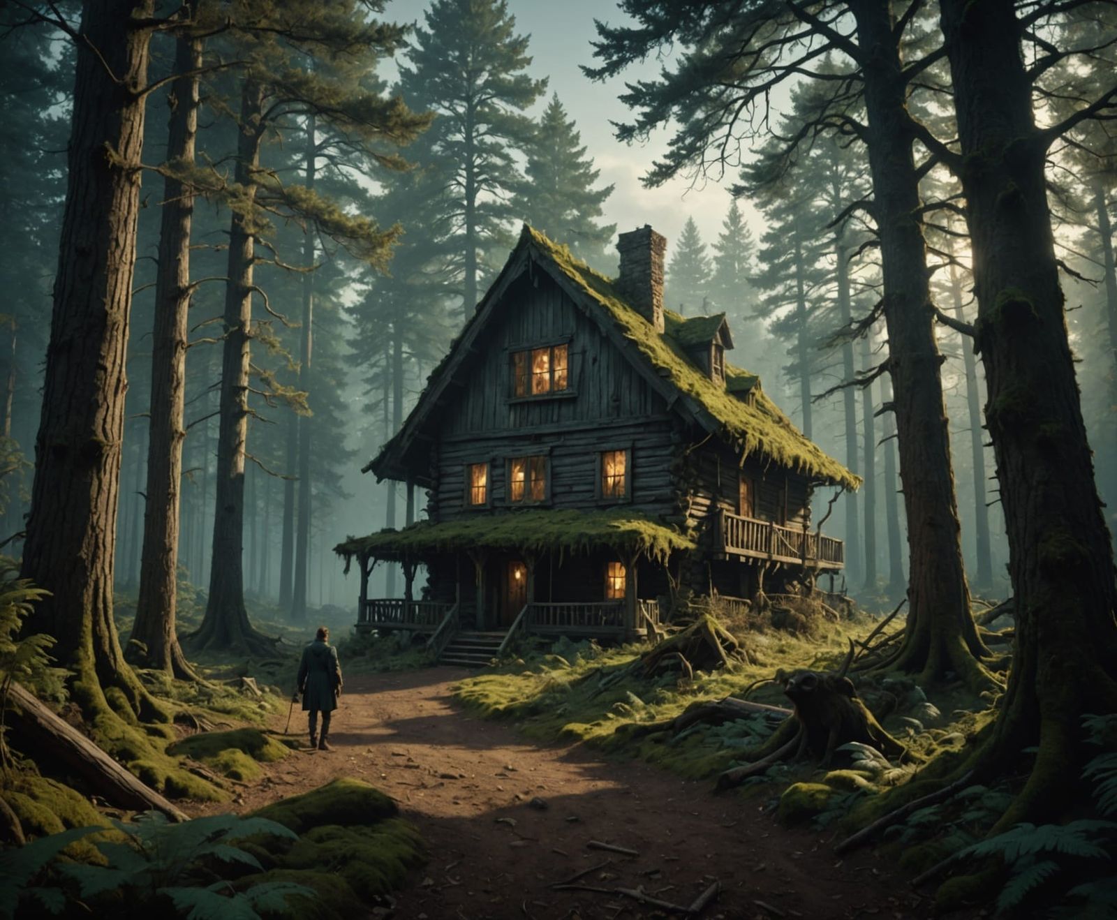 Mysterious Cabin in a Dark Forest Scene in Hyper-Realistic S...