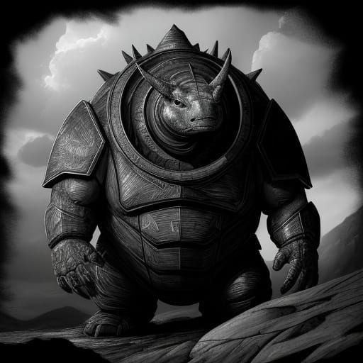 Gestural Charcoal Portrait of Blastoise on Rocky Shoreline