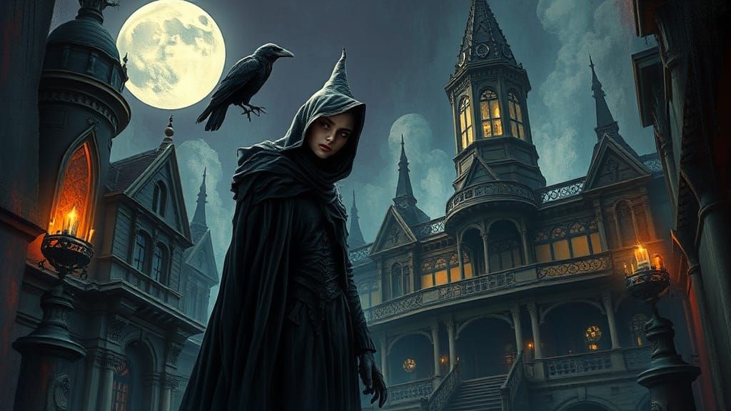 Macabre Witch and Raven in Moonlit Gothic Setting