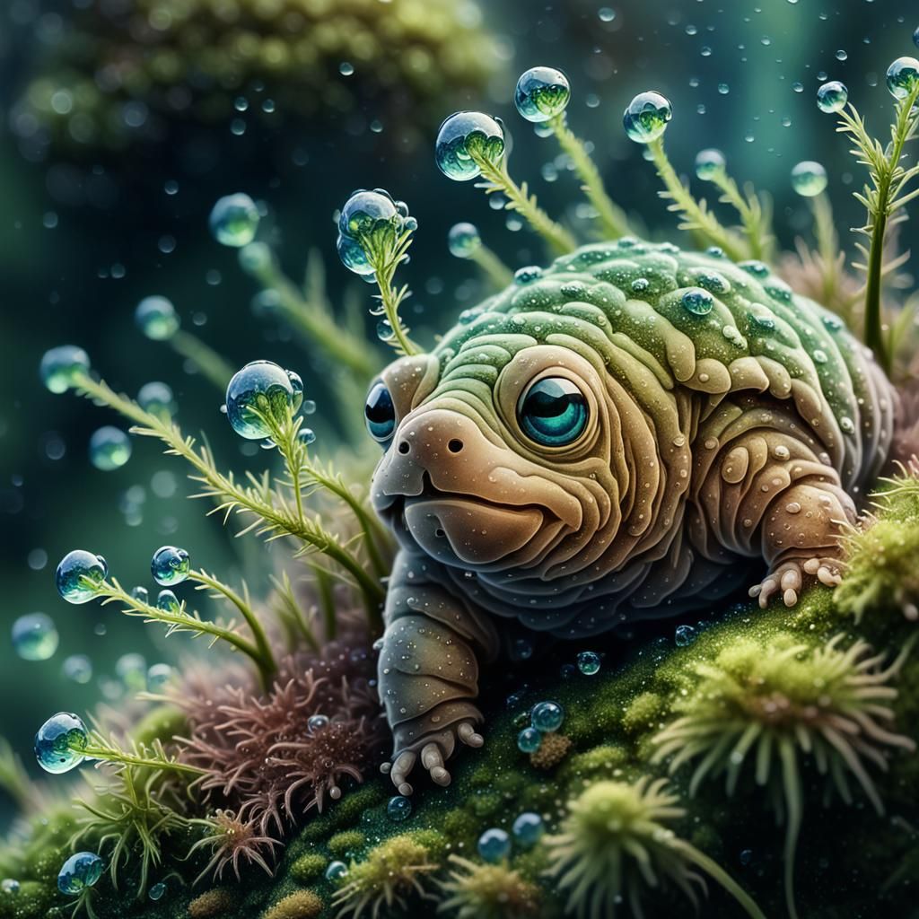 Tardigrade in Moss with Dew Drops: Watercolor Art
