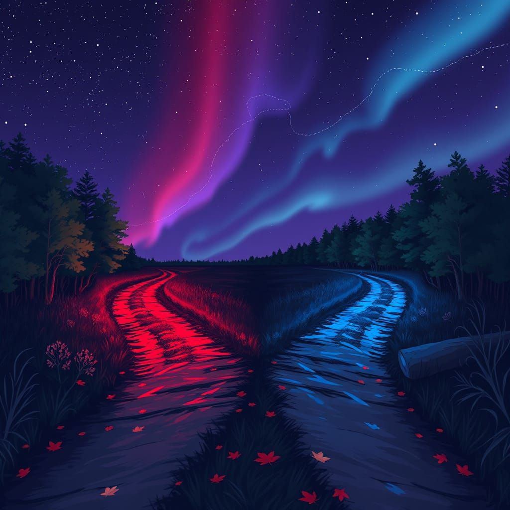 Divided Rural Trail Glows with Ethereal Colors