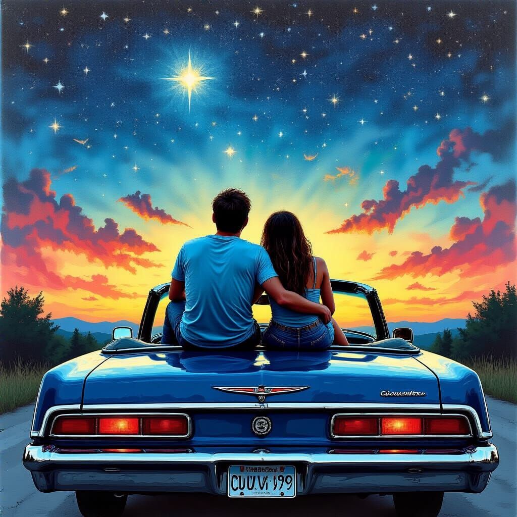 Couple Gazes at Starry Night Sky in Vibrant Graffiti Style