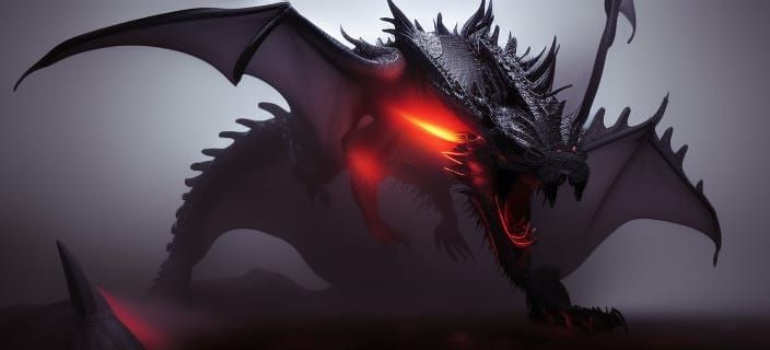 Fierce Black Dragon with Fiery Eyes in Fog