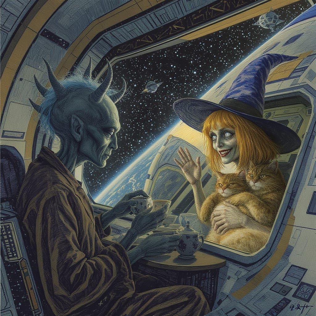 Alien Tea Ceremony in Space: Expressionist Sketch