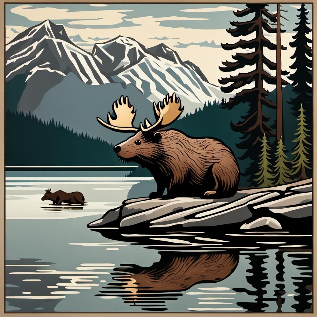 Beaver with Antlers in Group of Seven Style