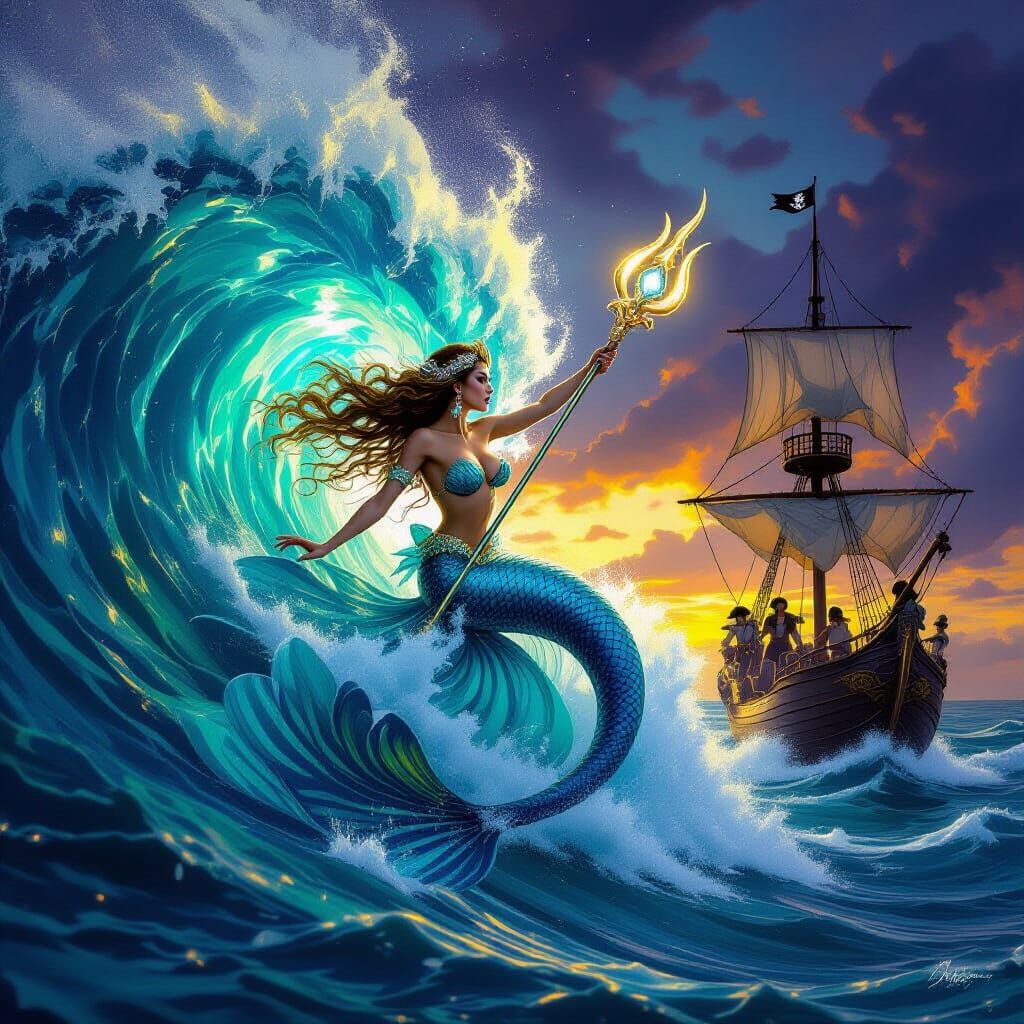 Mermaid Scolds Pirates Atop Giant Wave in Hyperrealism