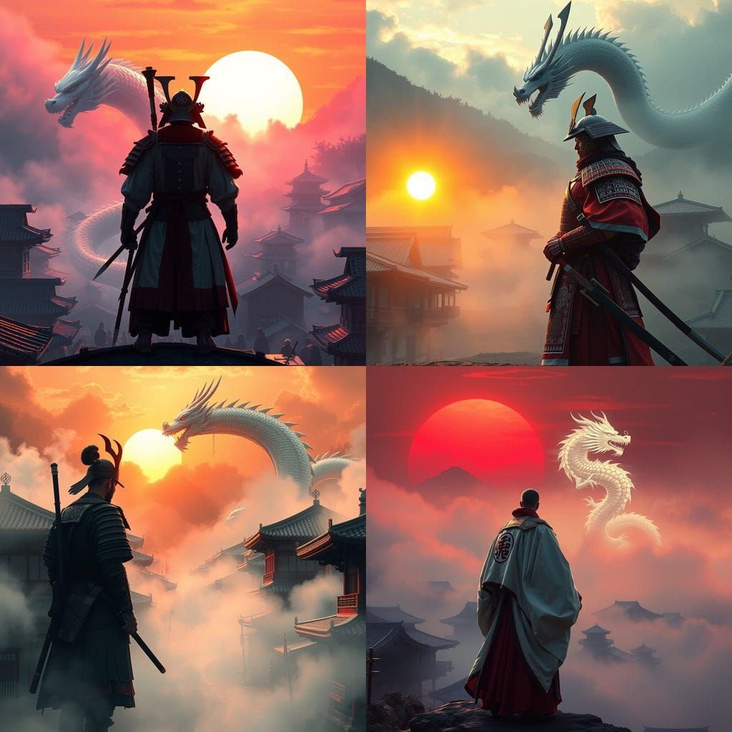 Samurai Silhouettes Against Rising Sun in Foggy Japanese Tow...