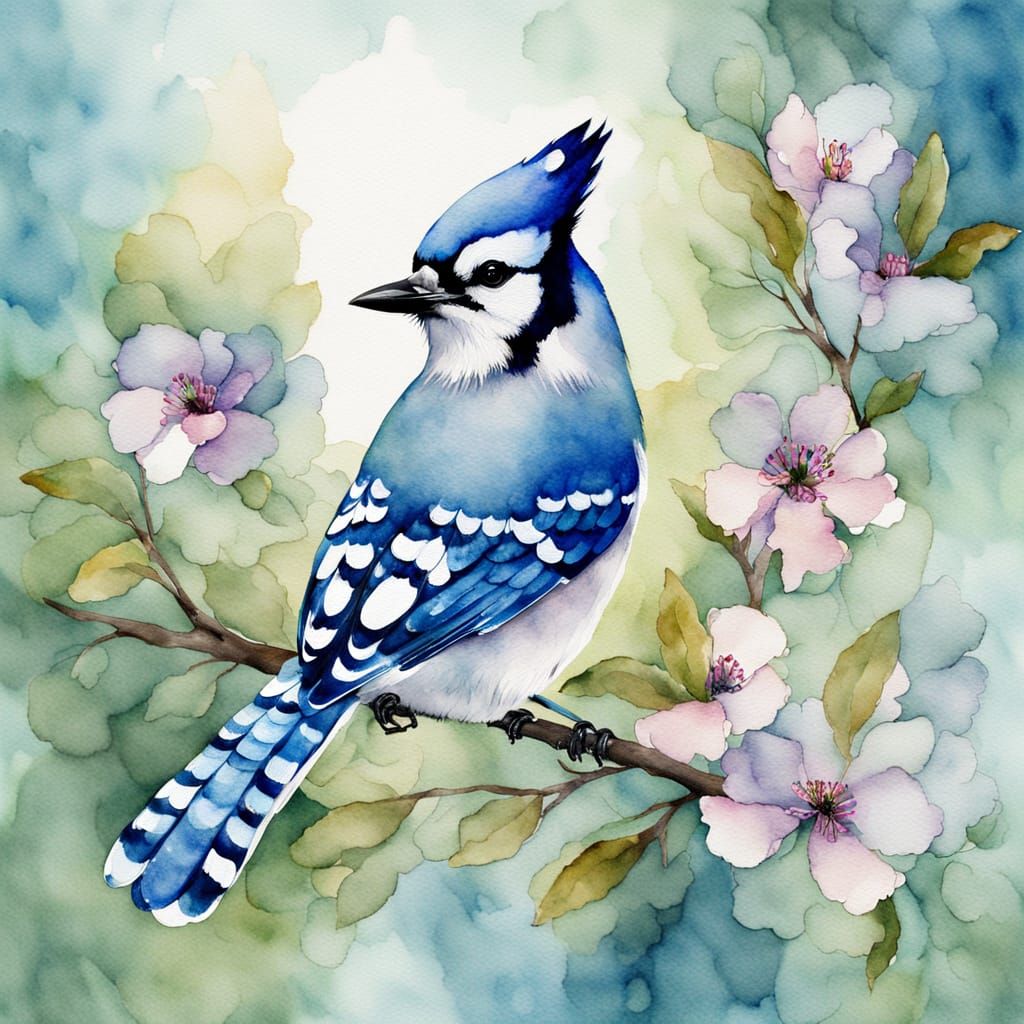 Blue Jay on Blossoms in Watercolor Style