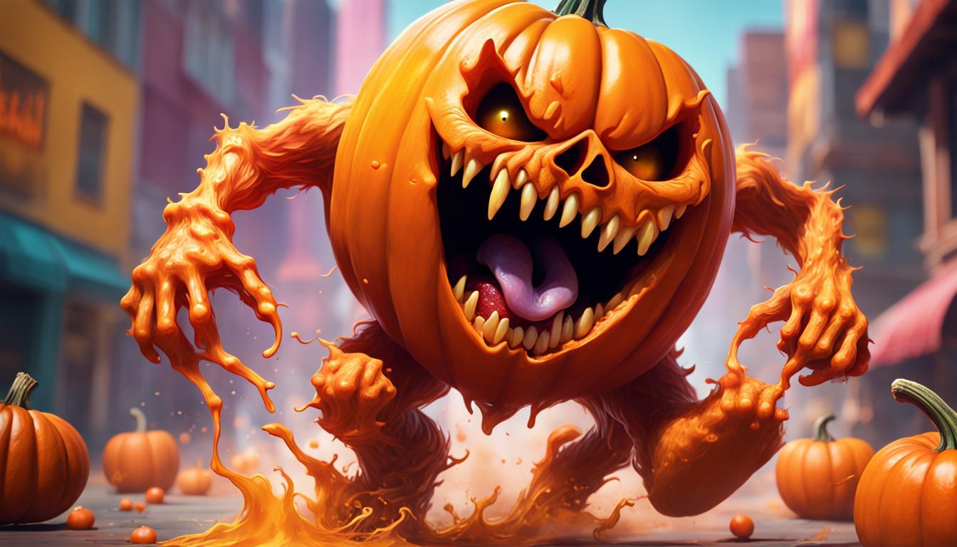 Hyperrealistic Orange Pumpkin Monster Running with Candy