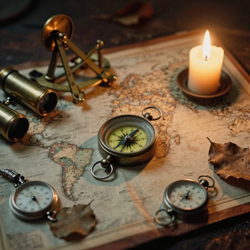 Antique Compass and World Map with Vintage Film Aesthetic