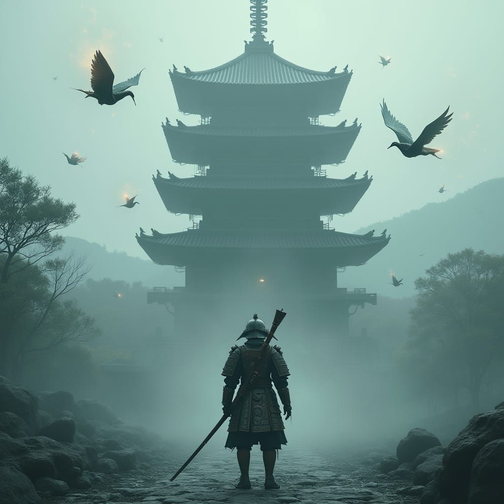 Steampunk Samurai Before Misty Temple with Glowing Cranes