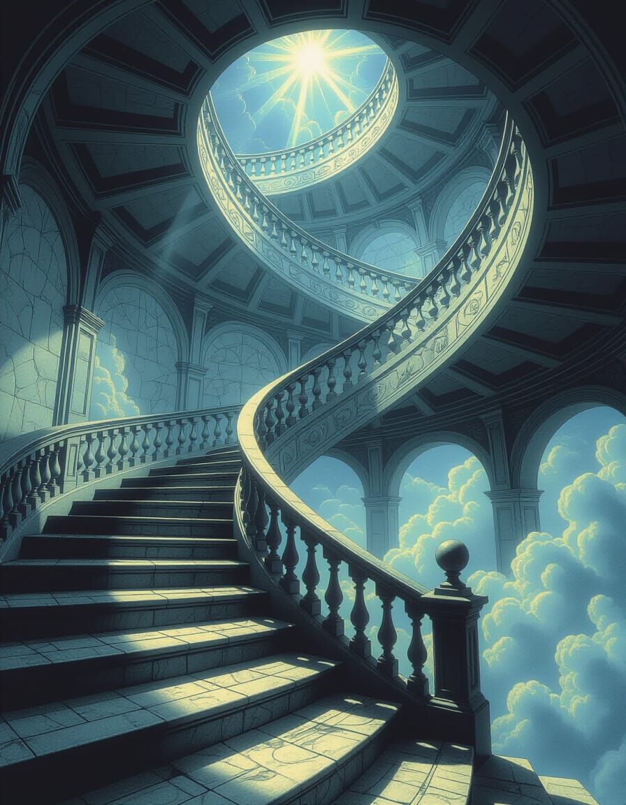 Endless Staircase Ascends to Heaven in Dreamlike Style