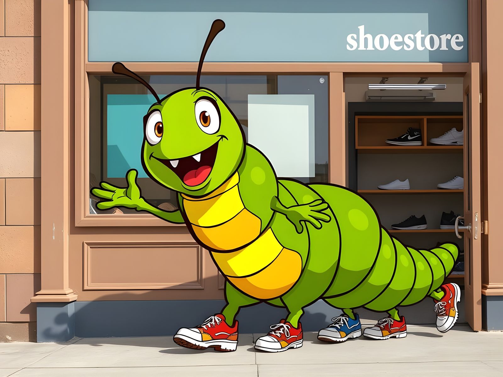Cartoon Caterpillar's Shoe Shopping Spree