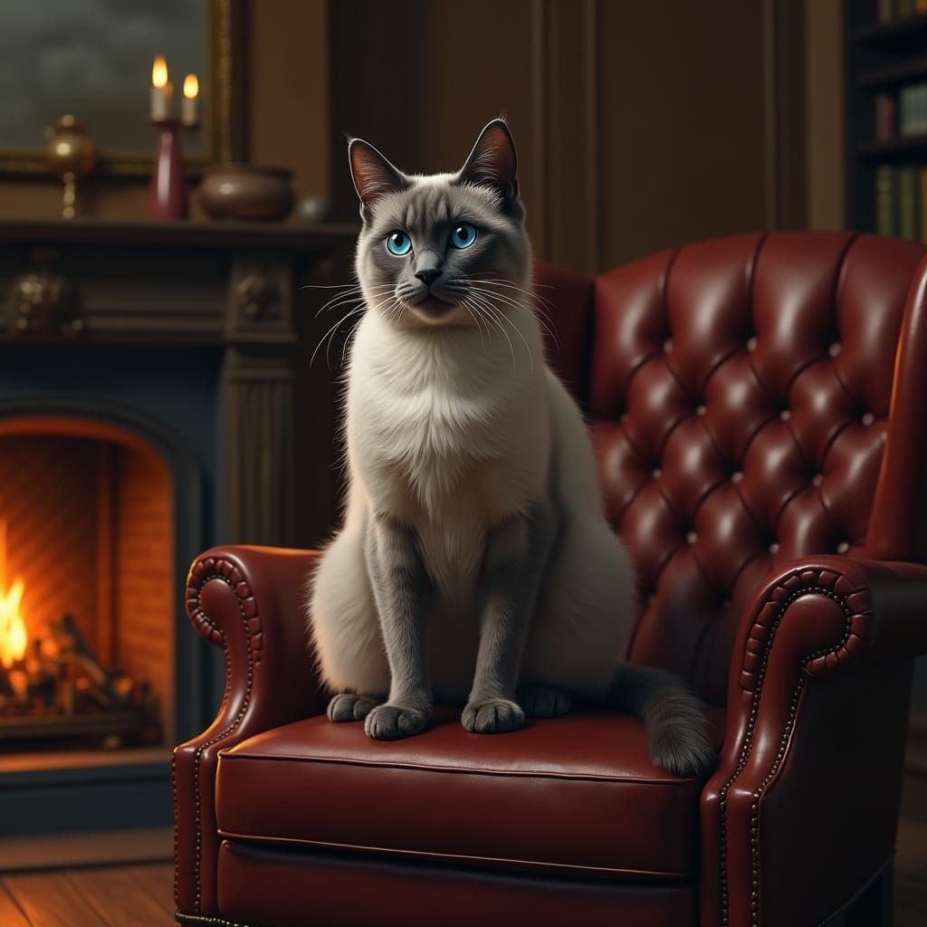Majestic Siamese Cat in Warm Firelight, Matte Painting Style