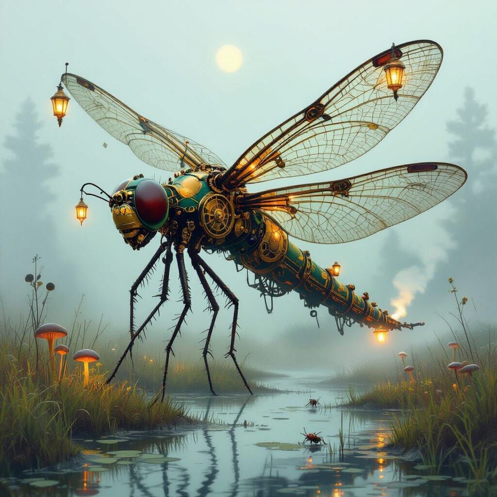 Steampunk Dragonfly Over Misty Bog: Painterly Style