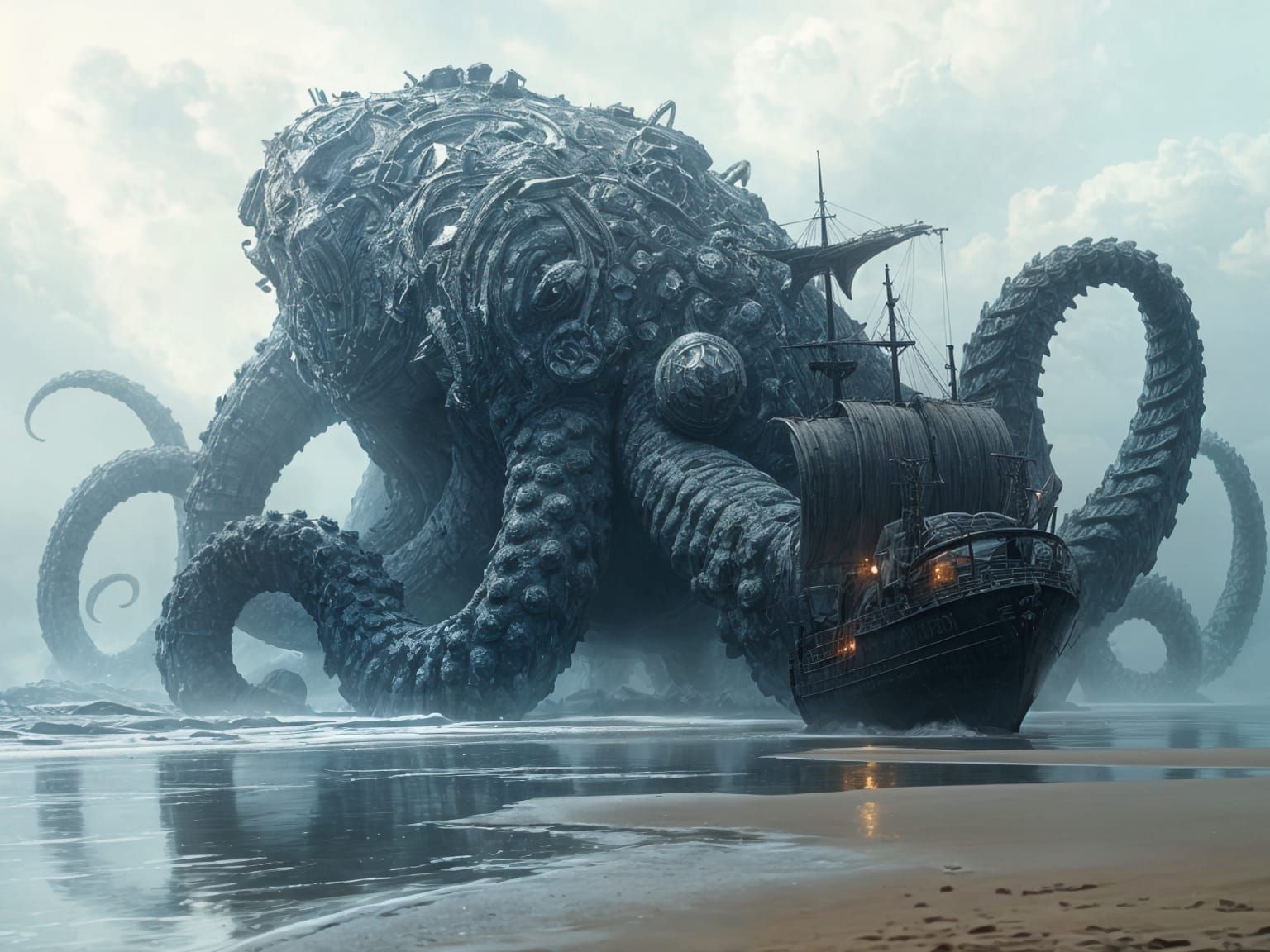 Colossal Crystal Kraken Guides Damaged Ship to Beach