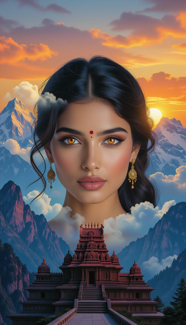 Surreal Transparent Woman with Orange Eyes in Mountains