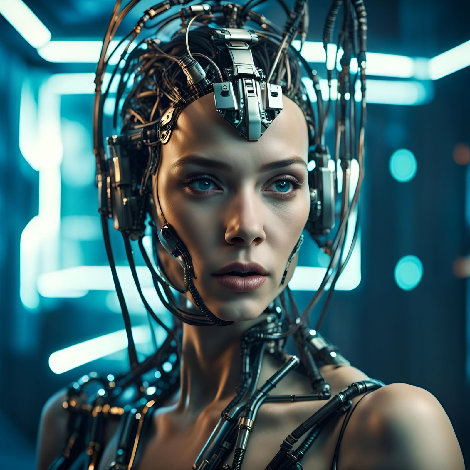Cyborg Woman with Cyber Implants in Cyberpunk Style