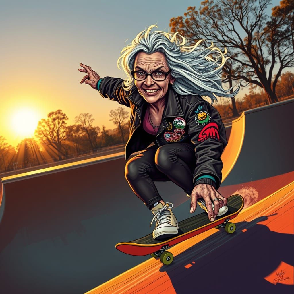 Wizened Woman Shredding Half-Pipe in Street Art Style