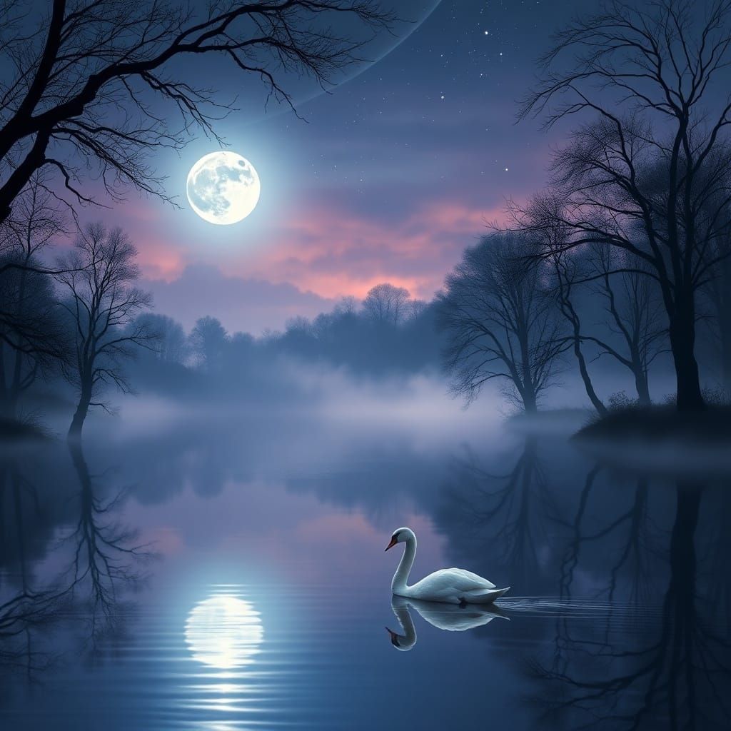 Tranquil Lake Scene Under Moonlit Stars