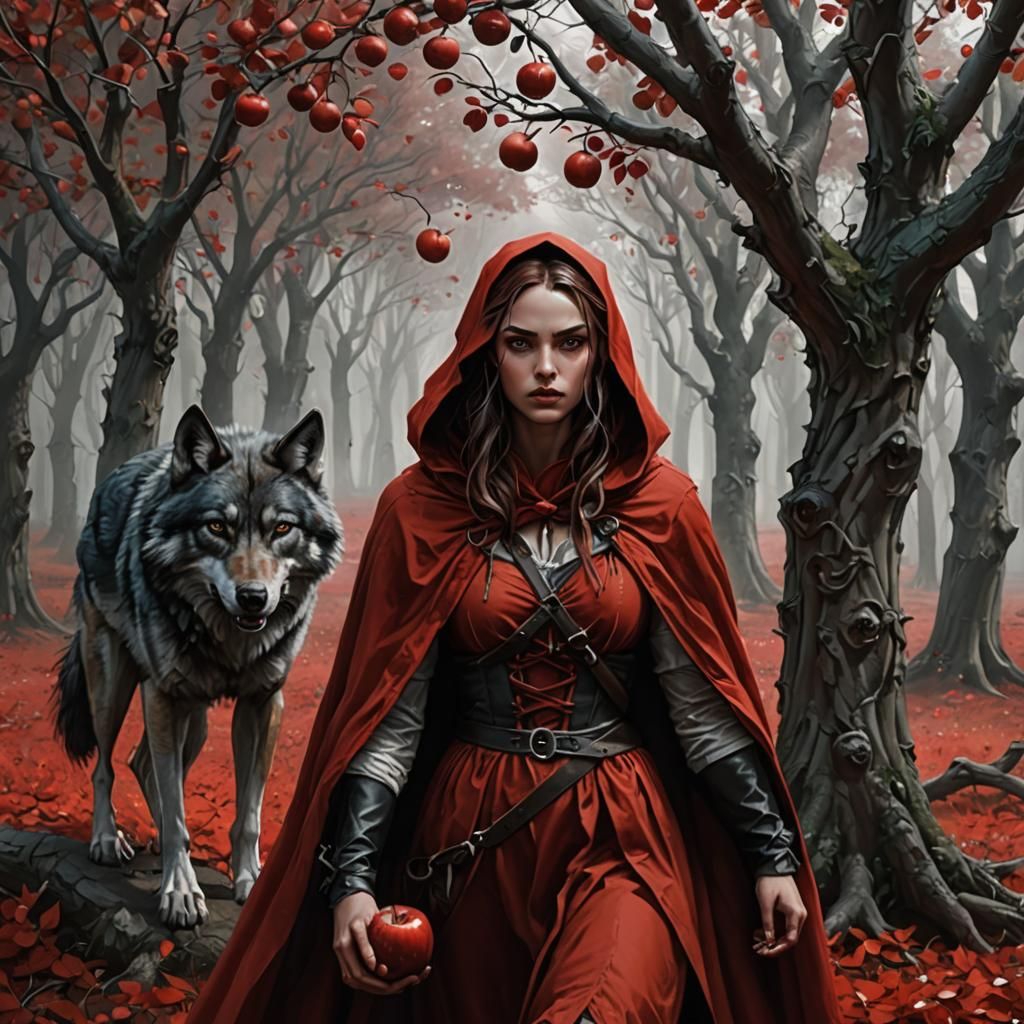 Hyperrealistic Red Riding Hood with Wolves in Orchard