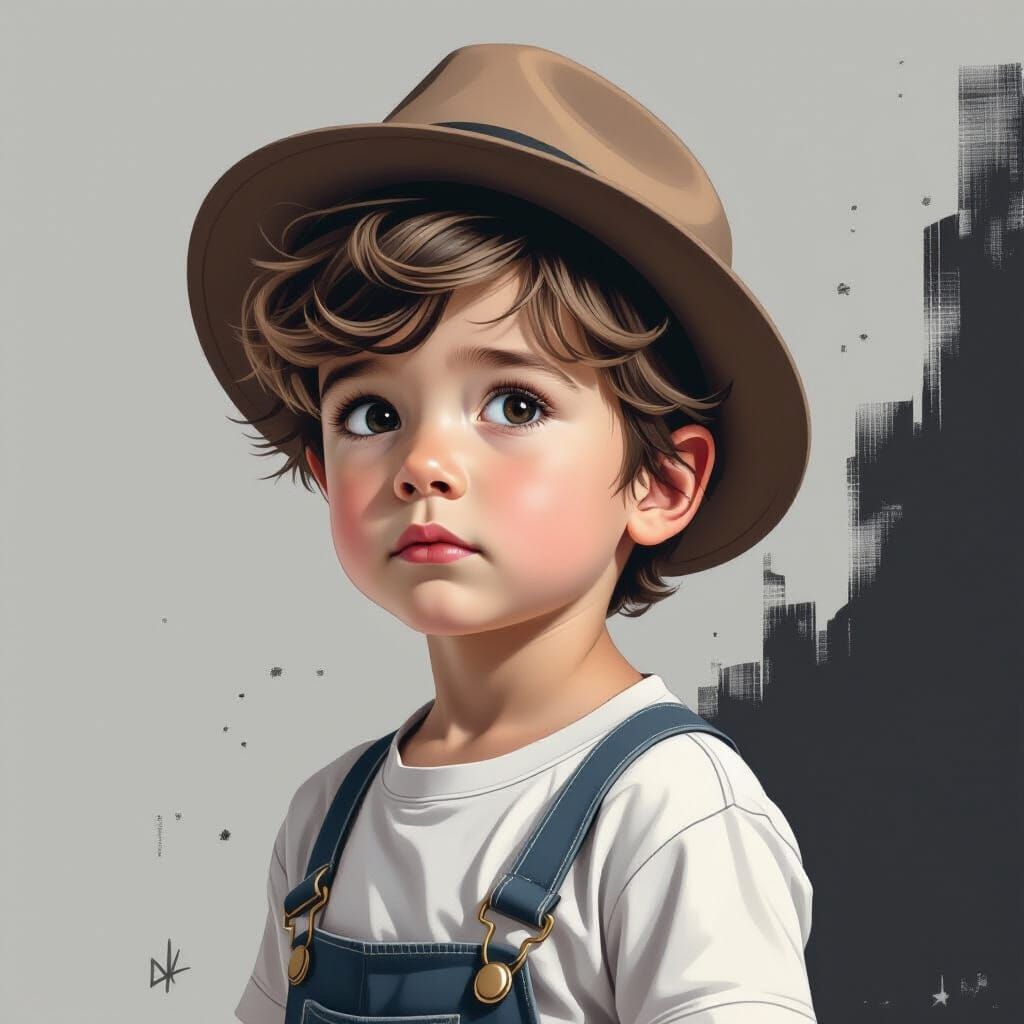 Monochrome Portrait of Boy Blending Realism and Abstraction