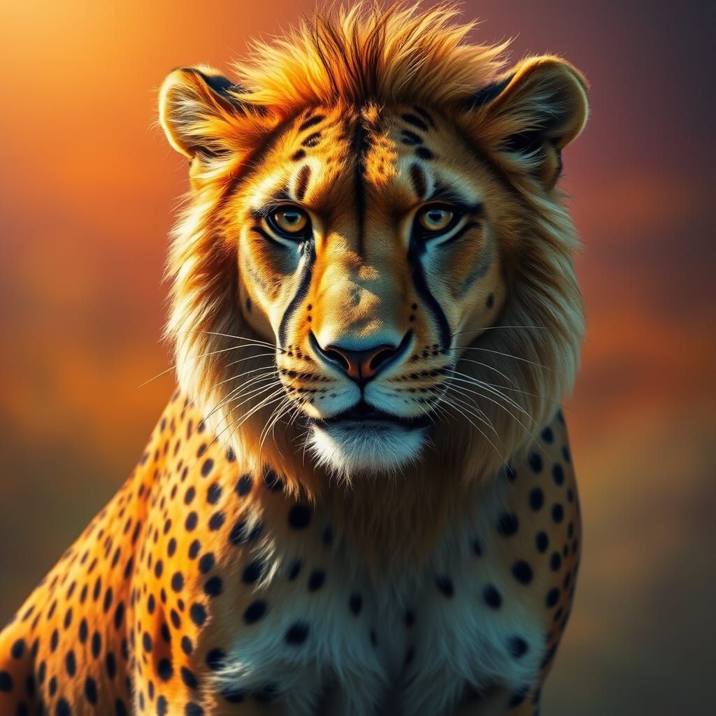 Regal Cheetah-Lion Hybrid in Hyperrealistic Splendor
