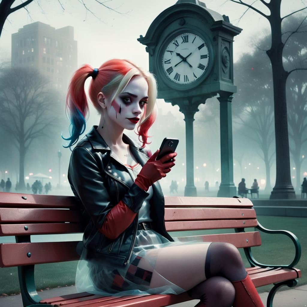 Transparent Harley Quinn seated on a park bench waiting