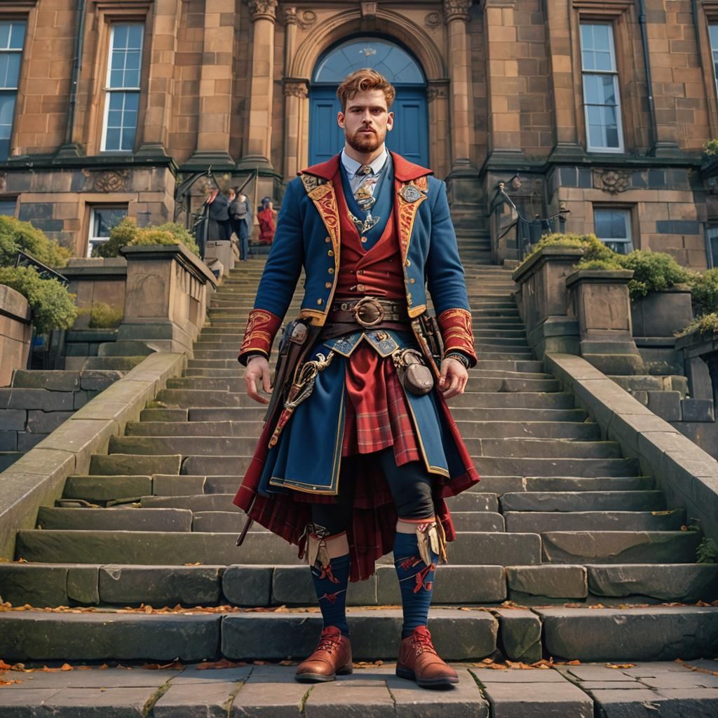Man in Red Kilt on Edinburgh Steps: Digital Art