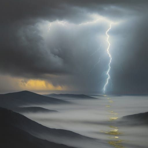 Turbulent Storm Over Field in Neo-Impressionist Oil Painting