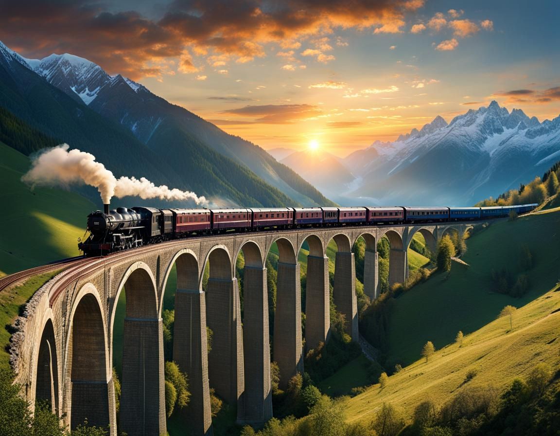 The orient express going over the Landwasser Viaduct a single-track six-arched curved limestone railway viaduct Austrian...