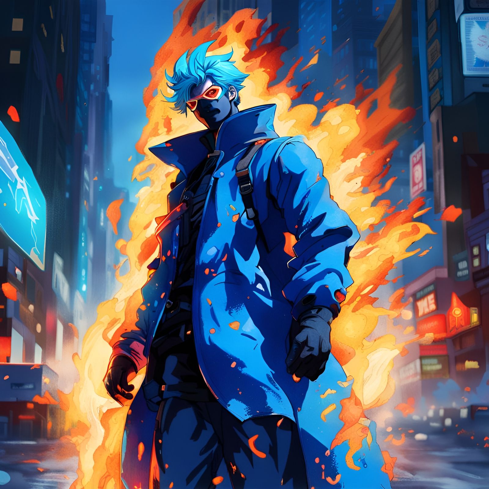 Blue Fire Superhero in Burning City: Anime Style