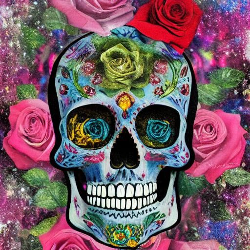 Sugar Skull Skeleton with Roses in Impasto Style
