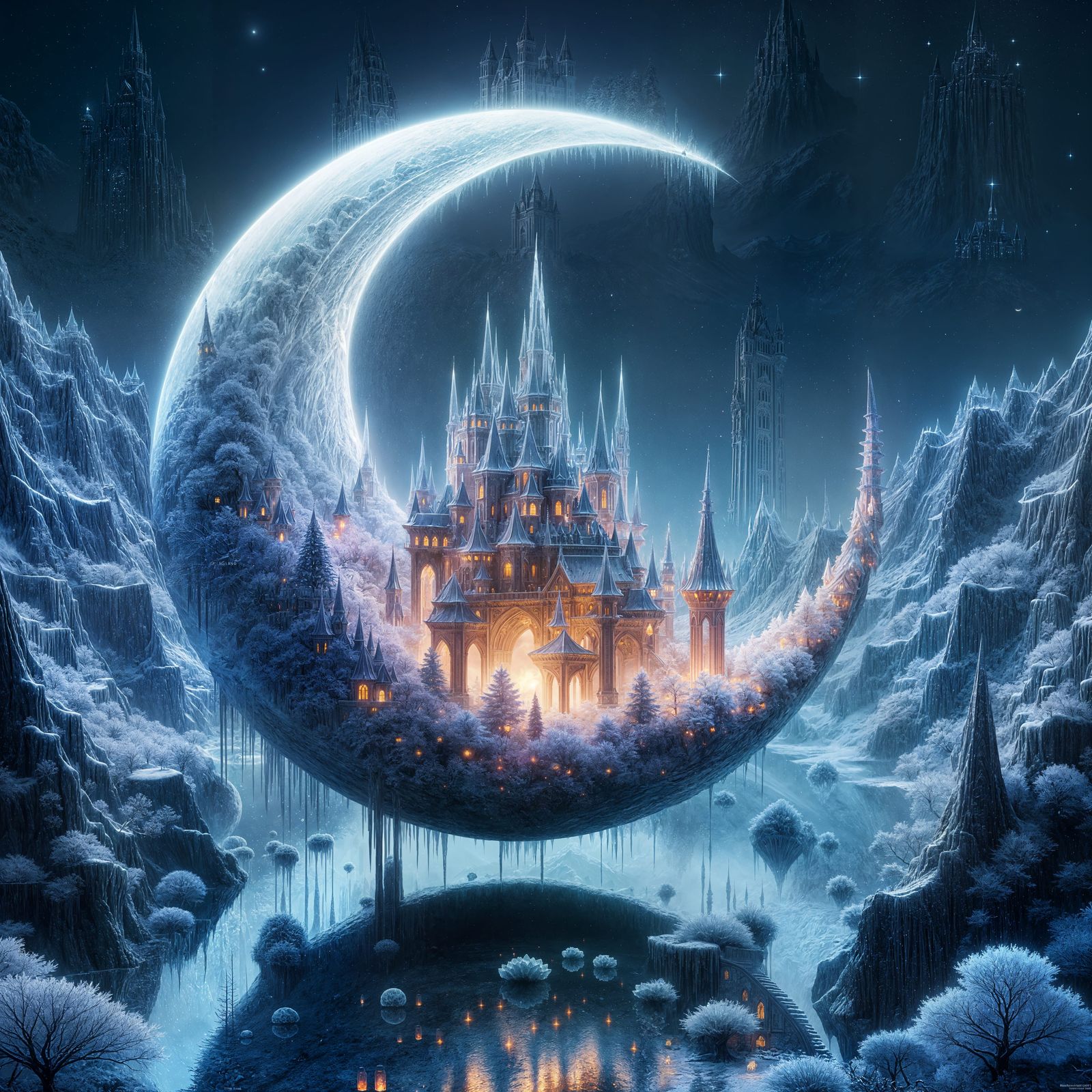 Surreal Moonlit Castle Radiates Frosty Bioluminescence