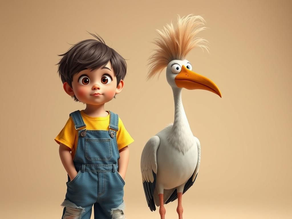 Comical Child and Amused Bird in 3D Anime Art