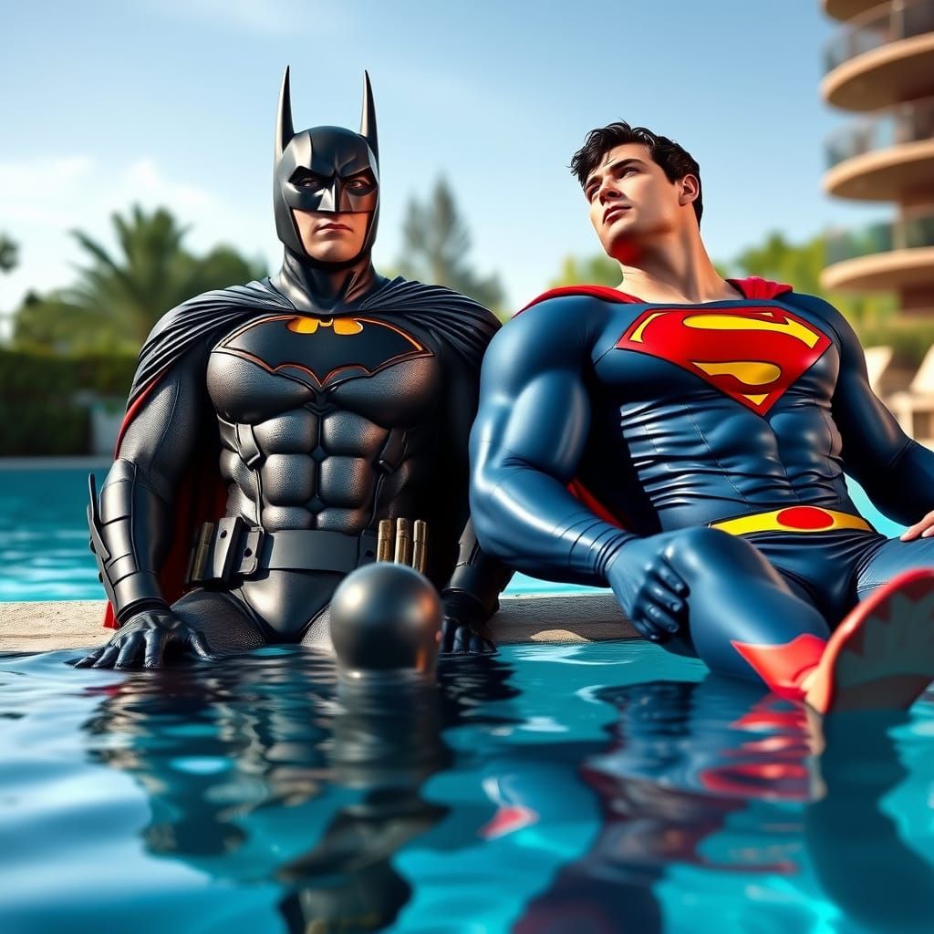 Superman and Batman Relaxing at the Pool