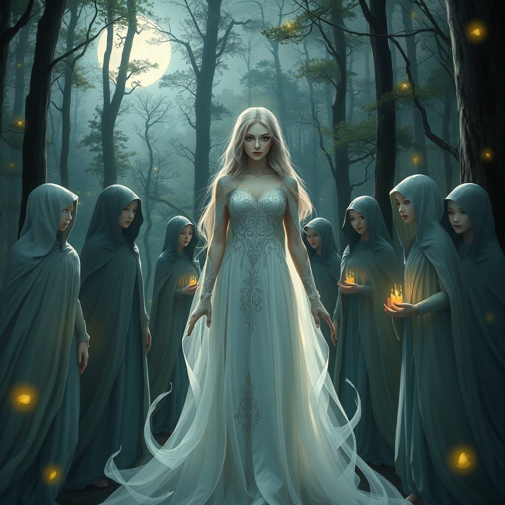 Ethereal Woman Surrounded by Enchanted Elves in a Moonlit Fo...