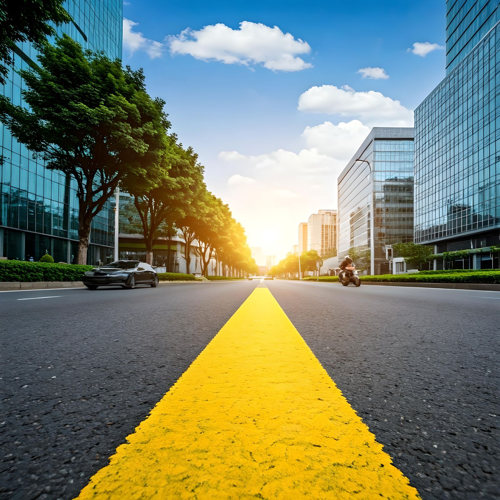 Sunlit Road Scene with Yellow Traffic Marking