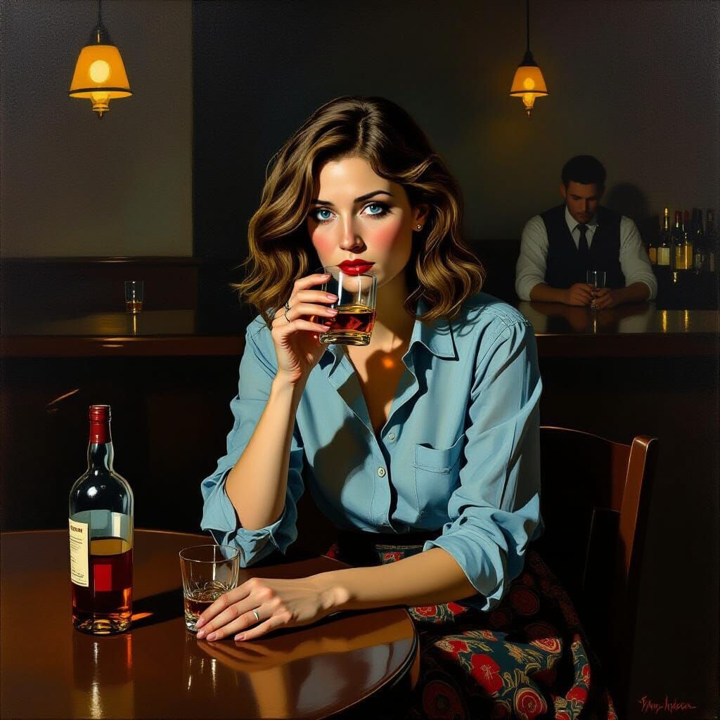 Woman in Bar: Moody Realism Inspired by Hopper