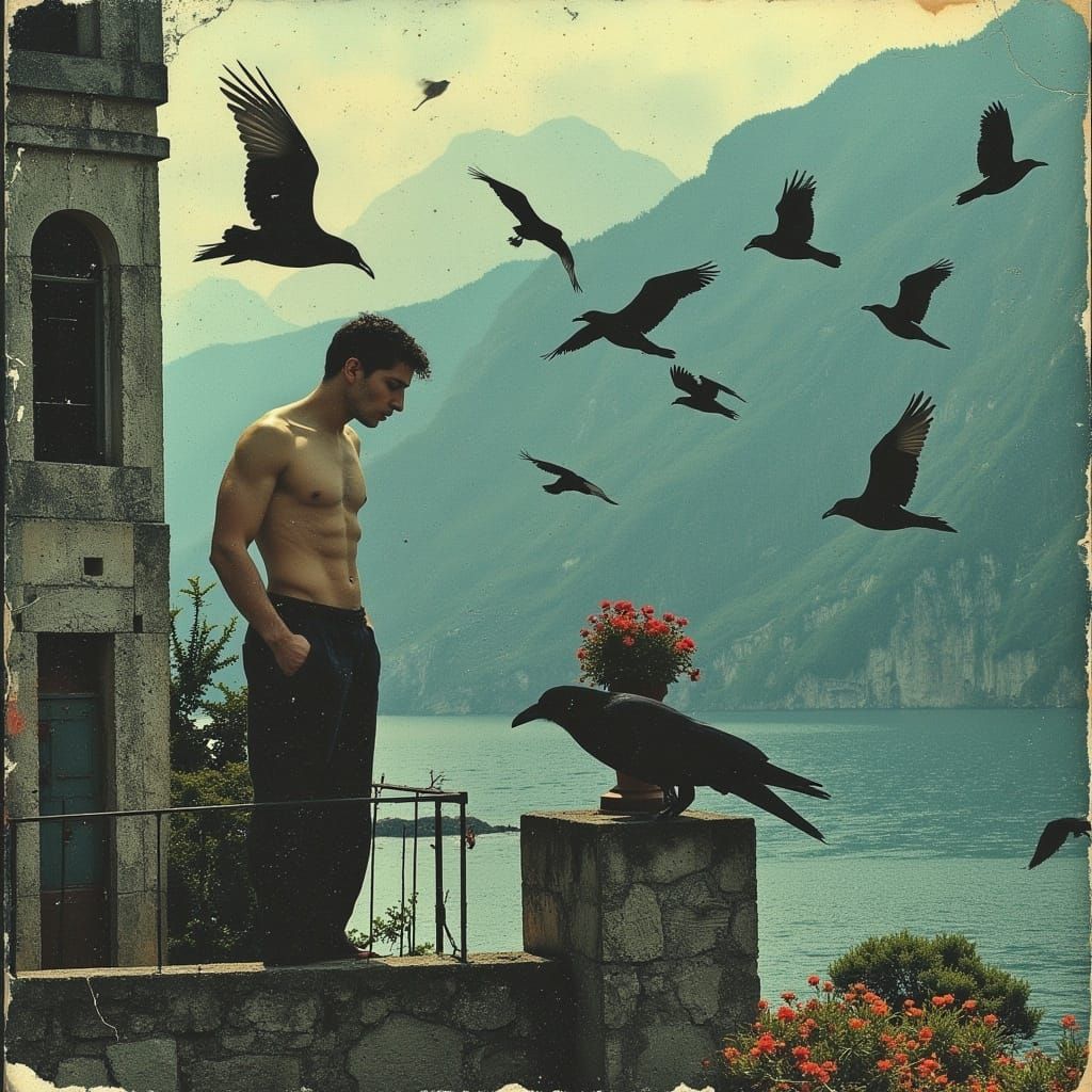 Handsome Male Feeds Birds on Lake Como Balcony