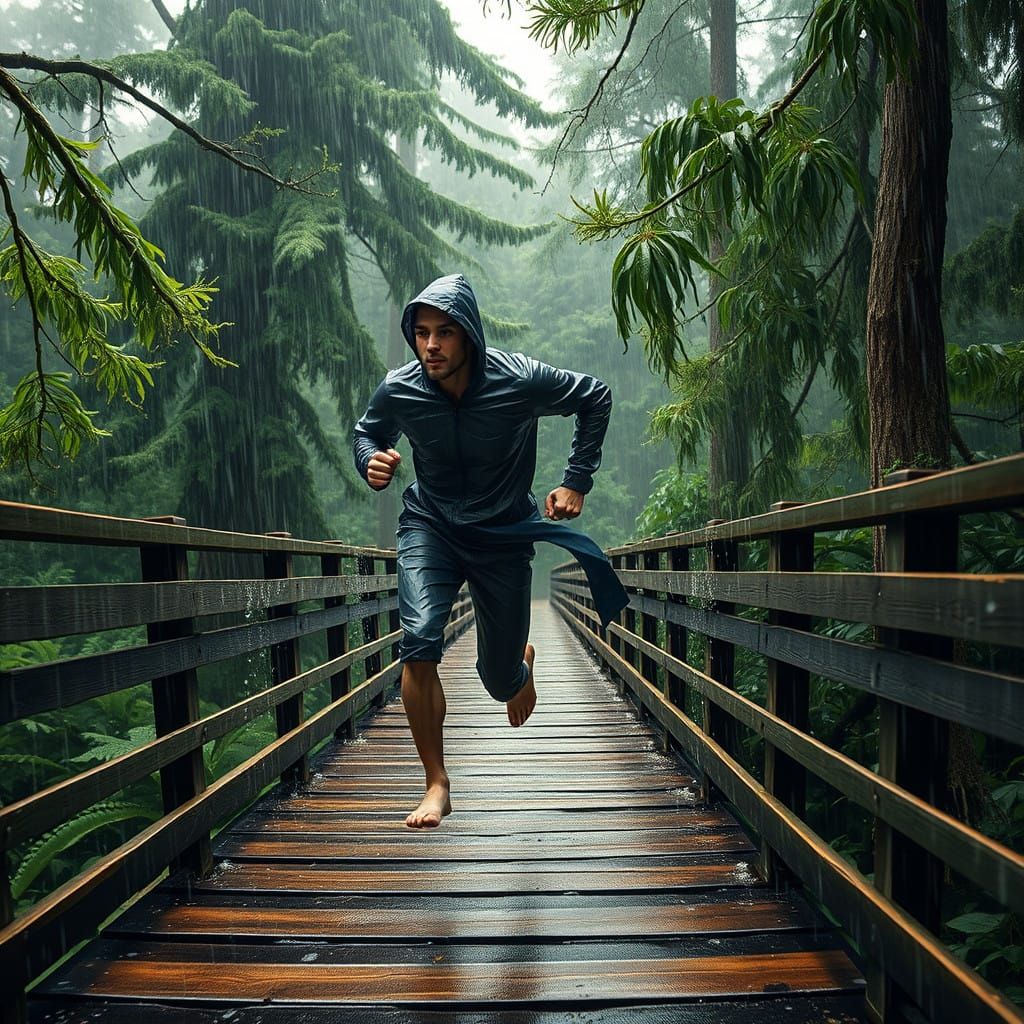 Surreal Figure Runs Through Stormy Forest in Hyperrealistic....