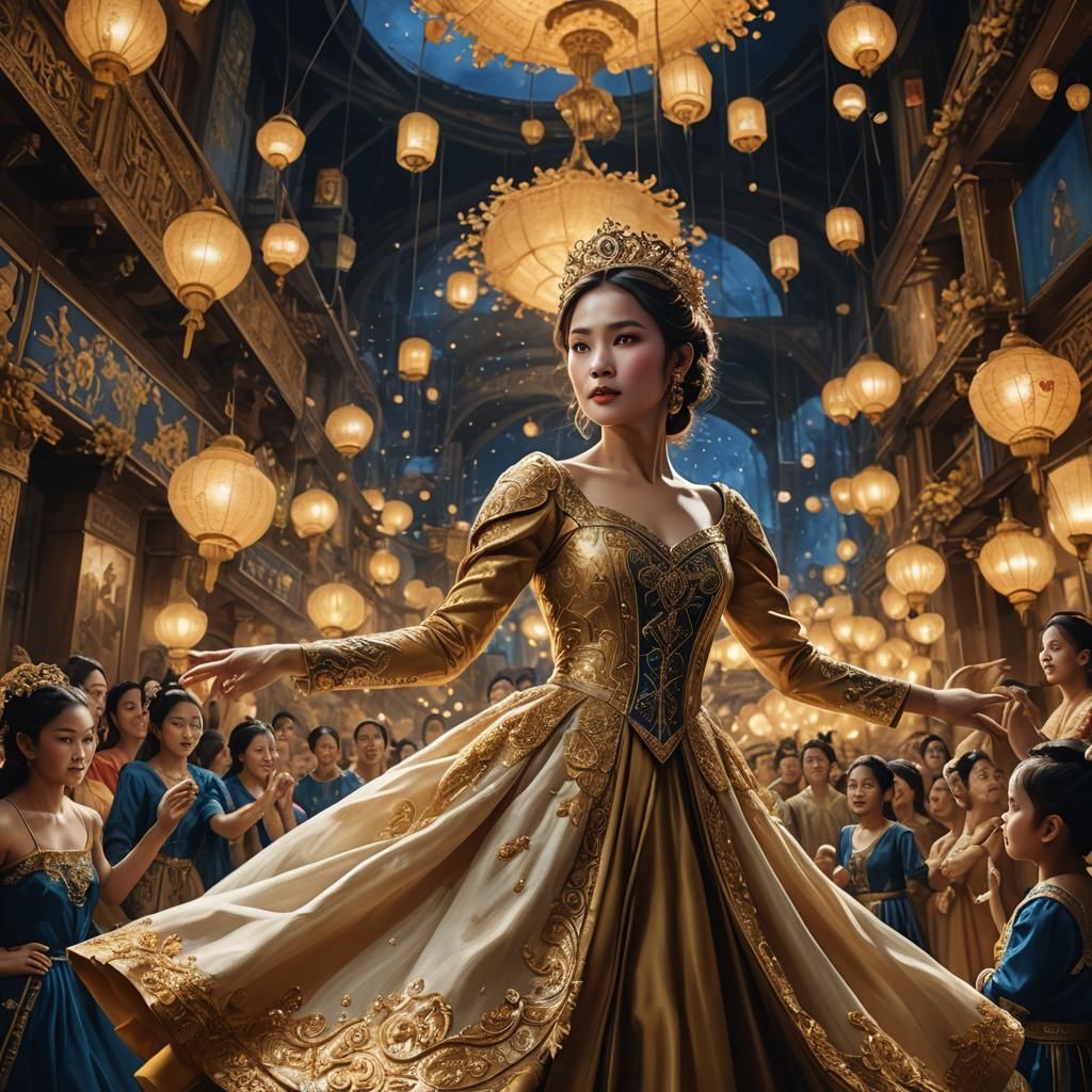 Woman Dancing with Fairies: Fantastical Oil Painting