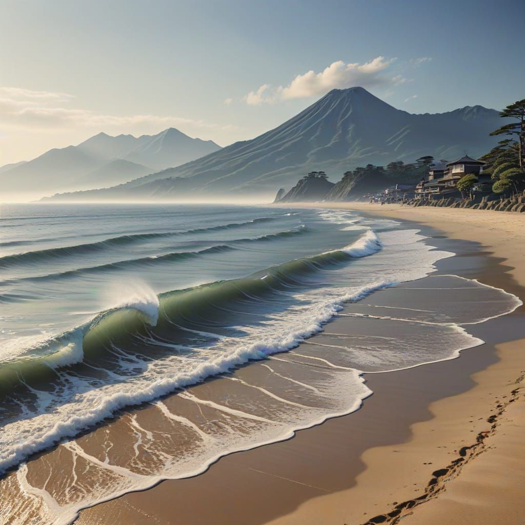 Serene Suruga Bay Woodblock Print in Warm Light