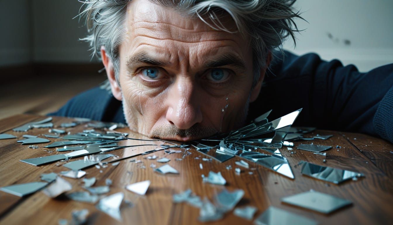 Surreal Portrait in Shattered Mirror Reflection