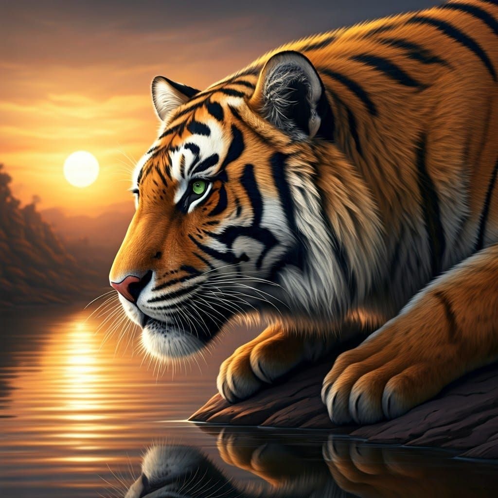 Majestic Tiger Prowls River at Sunset, Golden Light Reflecte...
