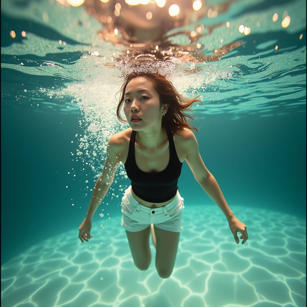 Ethereal Underwater Swim: Golden Sunlight and Film Grain