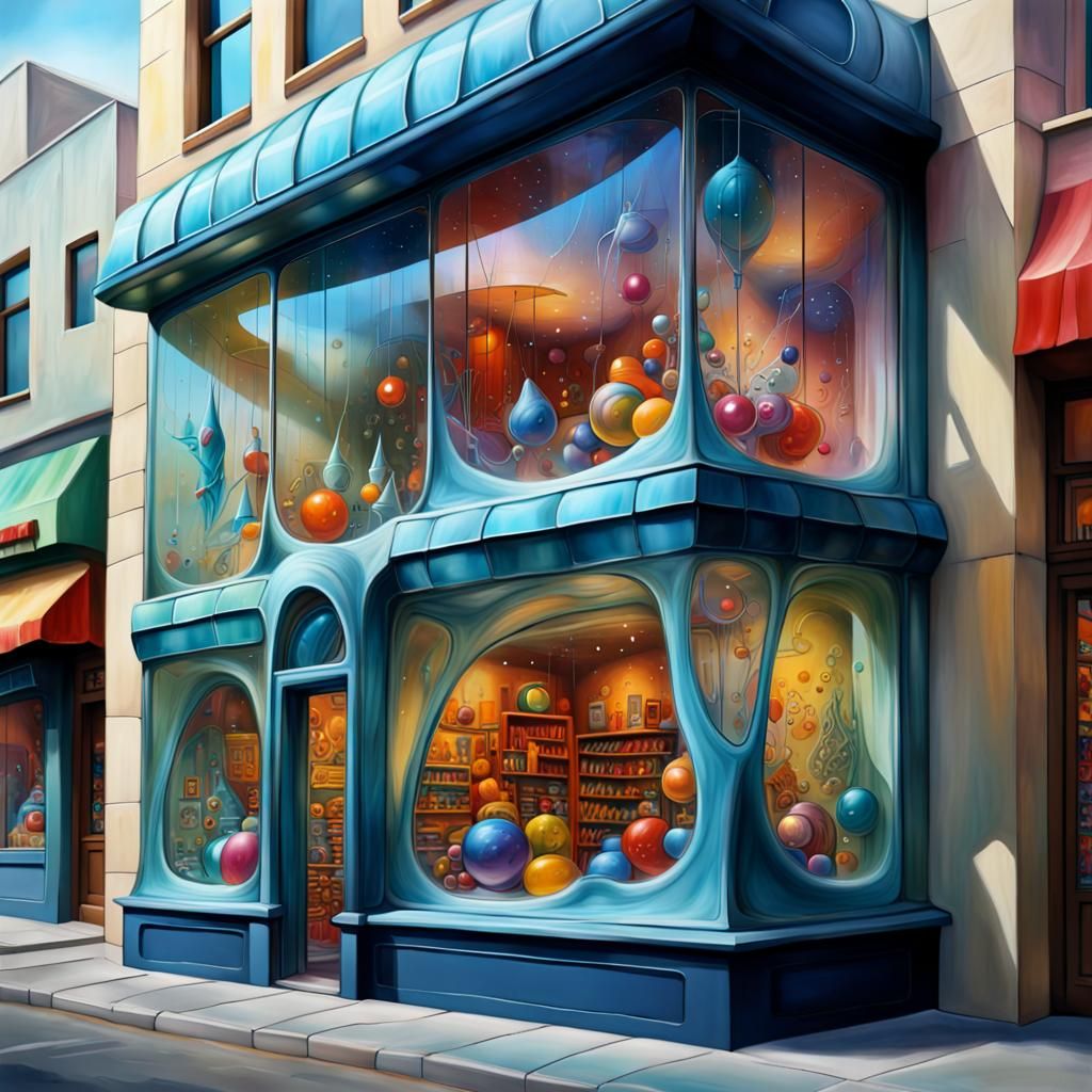 Fantasy Toy Store in Glass Building, Oil Painted