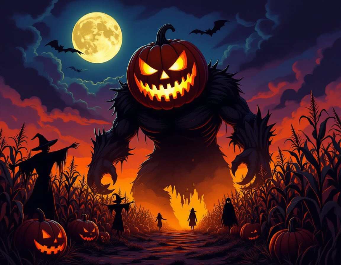 Colossal Pumpkin-Headed Monster in Haunted Maze