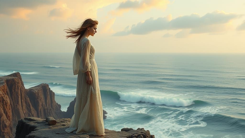 Melancholic Woman Gazing at Sea, Charcoal Drawing